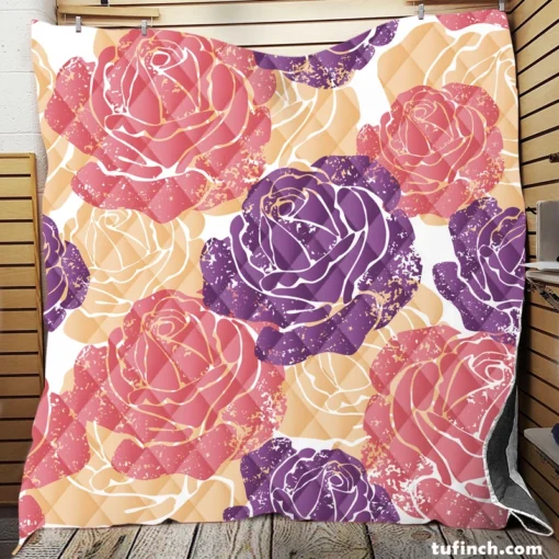 Colorful Drawn Roses Quilt Blanket