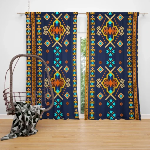 Colorful Ethnic Blue Pattern Curtain