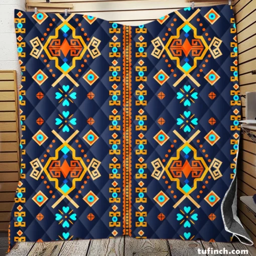 Colorful Ethnic Blue Pattern Quilt Blanket