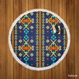 Colorful Ethnic Blue Pattern Round Beach Towel