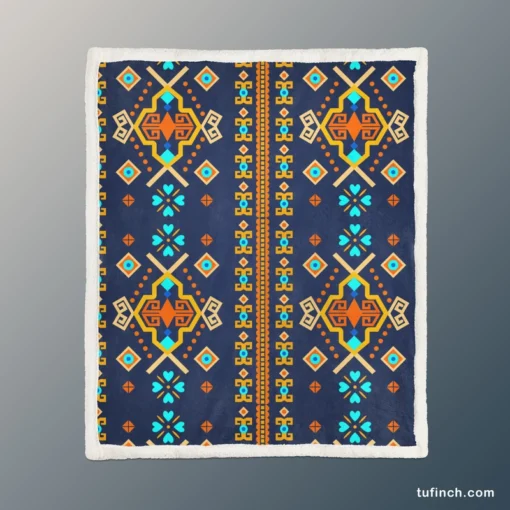 Colorful Ethnic Blue Pattern Sherpa Fleece Blanket 1