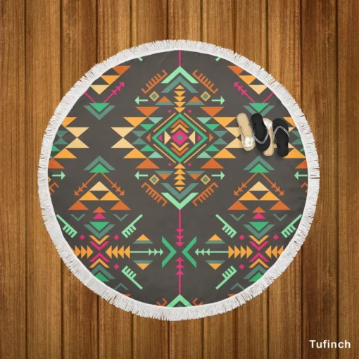 Colorful Ethnic Geometric Pattern Round Beach Towel