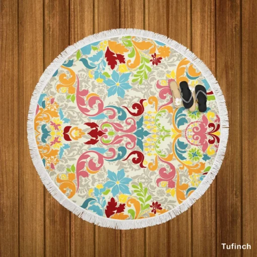 Colorful Folk Design Round Beach Towel