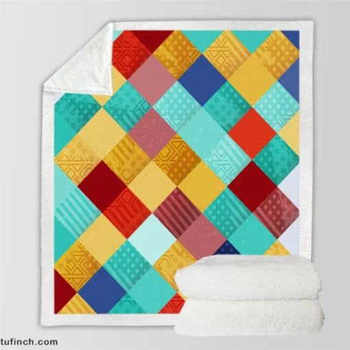 Colorful Geometrics Patchwork Pattern Sherpa Fleece Blanket