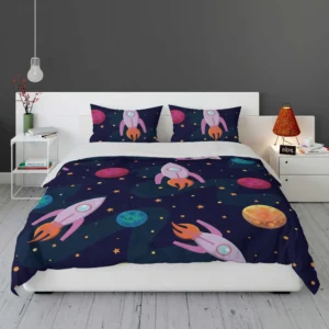 Colorful Planets Rocket Space Design Bedding Set 1