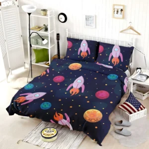 Colorful Planets Rocket Space Design Bedding Set