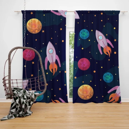 Colorful Planets Rocket Space Design Curtain