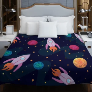 Colorful Planets Rocket Space Design Duvet Cover