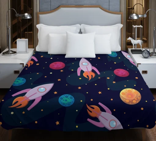 Colorful Planets Rocket Space Design Duvet Cover