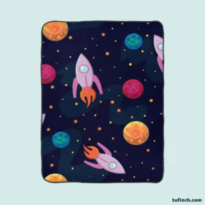 Colorful Planets Rocket Space Design Fleece Blanket 1