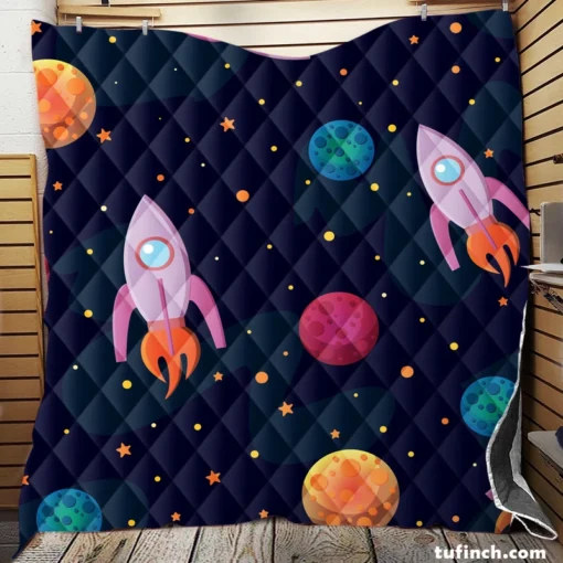 Colorful Planets Rocket Space Design Quilt Blanket