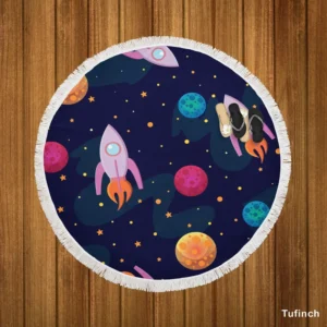 Colorful Planets Rocket Space Design Round Beach Towel