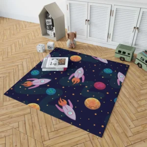 Colorful Planets Rocket Space Design Rug 1