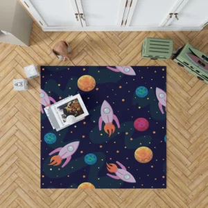 Colorful Planets Rocket Space Design Rug