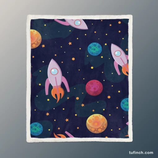 Colorful Planets Rocket Space Design Sherpa Fleece Blanket 1