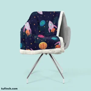 Colorful Planets Rocket Space Design Sherpa Fleece Blanket 2