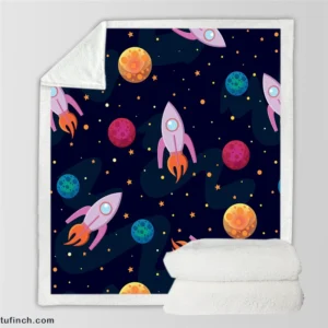 Colorful Planets Rocket Space Design Sherpa Fleece Blanket