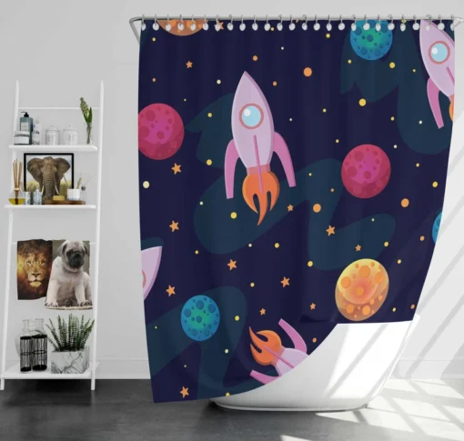 Colorful Planets Rocket Space Design Shower Curtain