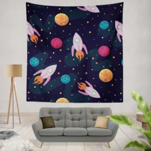 Colorful Planets Rocket Space Design Wall Tapestry