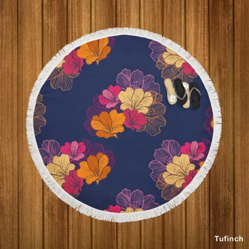 Colorful Rhododendron Lily Floral Pattern Round Beach Towel