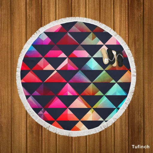 Colorful Triangle On Black Round Beach Towel