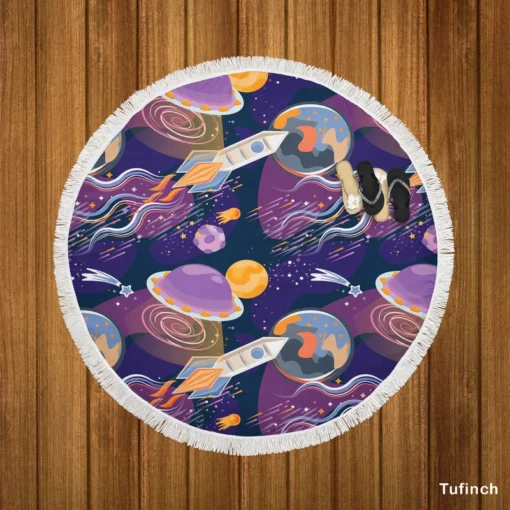 Cosmic Style Spaceship Rocket Round Beach Towel