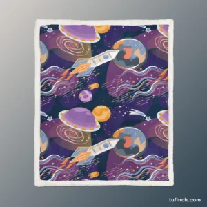 Cosmic Style Spaceship Rocket Sherpa Fleece Blanket 1