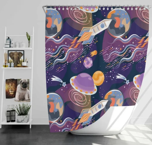 Cosmic Style Spaceship Rocket Shower Curtain