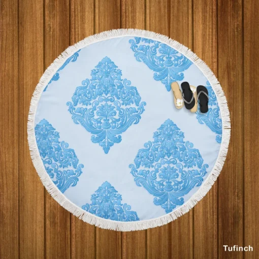 Crystal Blue Vintage Damask Round Beach Towel