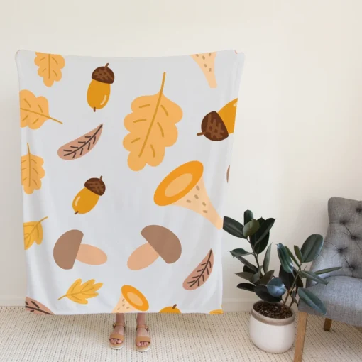 Cute Autumn Leaves & Mushrooms Fleece Blanket