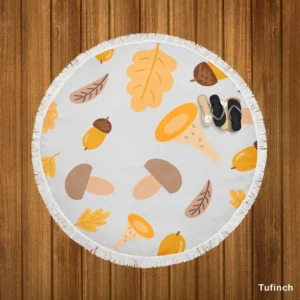 Cute Autumn Leaves & Mushrooms Round Beach Towel