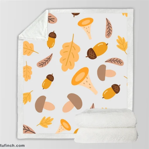 Cute Autumn Leaves & Mushrooms Sherpa Fleece Blanket