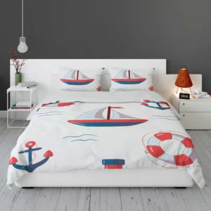 Cute Nautical Sailboat Lifebuoy Anchor Pattern Bedding Set 1