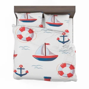 Cute Nautical Sailboat Lifebuoy Anchor Pattern Bedding Set 2