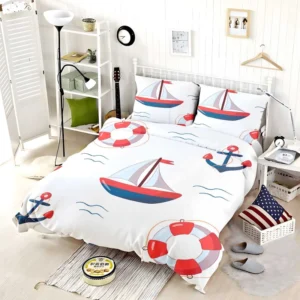 Cute Nautical Sailboat Lifebuoy Anchor Pattern Bedding Set