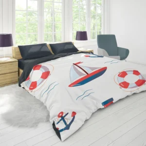 Cute Nautical Sailboat Lifebuoy Anchor Pattern Duvet Cover 1