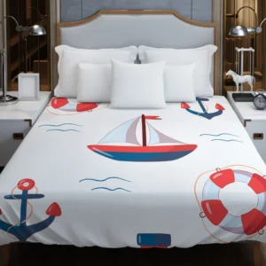 Cute Nautical Sailboat Lifebuoy Anchor Pattern Duvet Cover