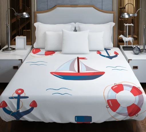 Cute Nautical Sailboat Lifebuoy Anchor Pattern Duvet Cover