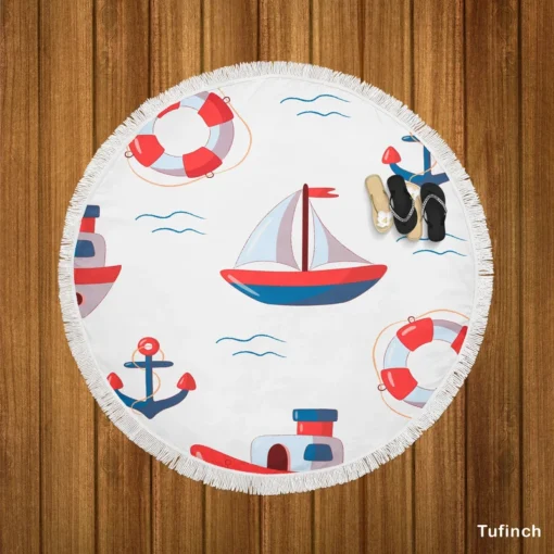 Cute Nautical Sailboat Lifebuoy Anchor Pattern Round Beach Towel