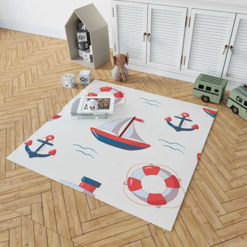 Cute Nautical Sailboat Lifebuoy Anchor Pattern Rug 1