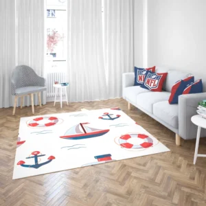 Cute Nautical Sailboat Lifebuoy Anchor Pattern Rug 2