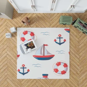 Cute Nautical Sailboat Lifebuoy Anchor Pattern Rug