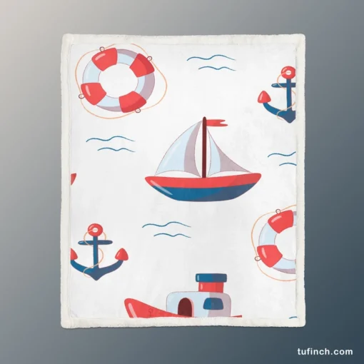 Cute Nautical Sailboat Lifebuoy Anchor Pattern Sherpa Fleece Blanket 1