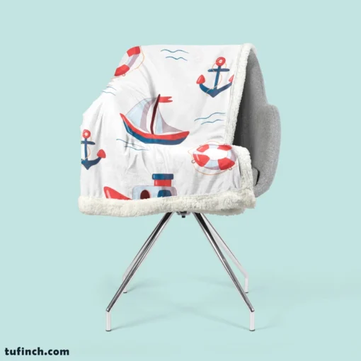 Cute Nautical Sailboat Lifebuoy Anchor Pattern Sherpa Fleece Blanket 2