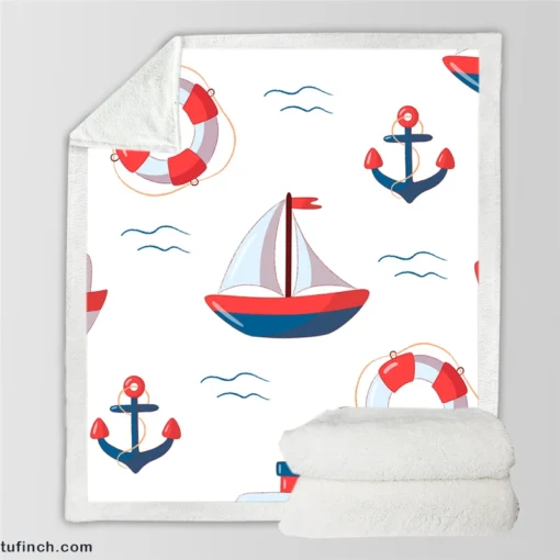 Cute Nautical Sailboat Lifebuoy Anchor Pattern Sherpa Fleece Blanket