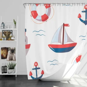 Cute Nautical Sailboat Lifebuoy Anchor Pattern Shower Curtain