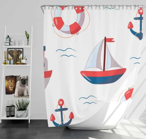 Cute Nautical Sailboat Lifebuoy Anchor Pattern Shower Curtain