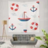 Cute Nautical Sailboat Lifebuoy Anchor Pattern Wall Tapestry