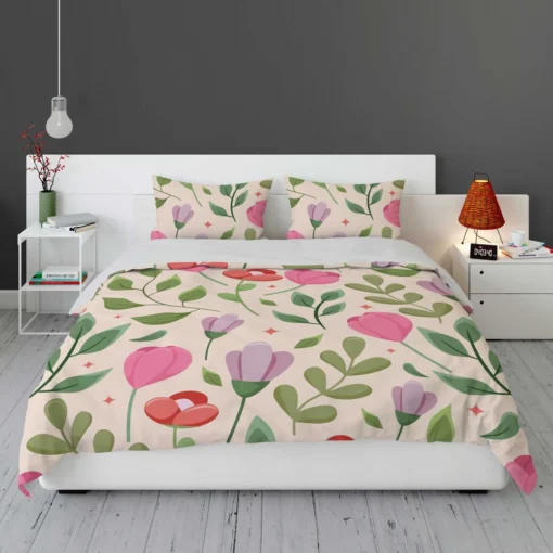 Cute Red Pink Tulips Flowers Design Bedding Set 1