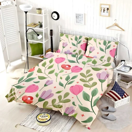 Cute Red Pink Tulips Flowers Design Bedding Set